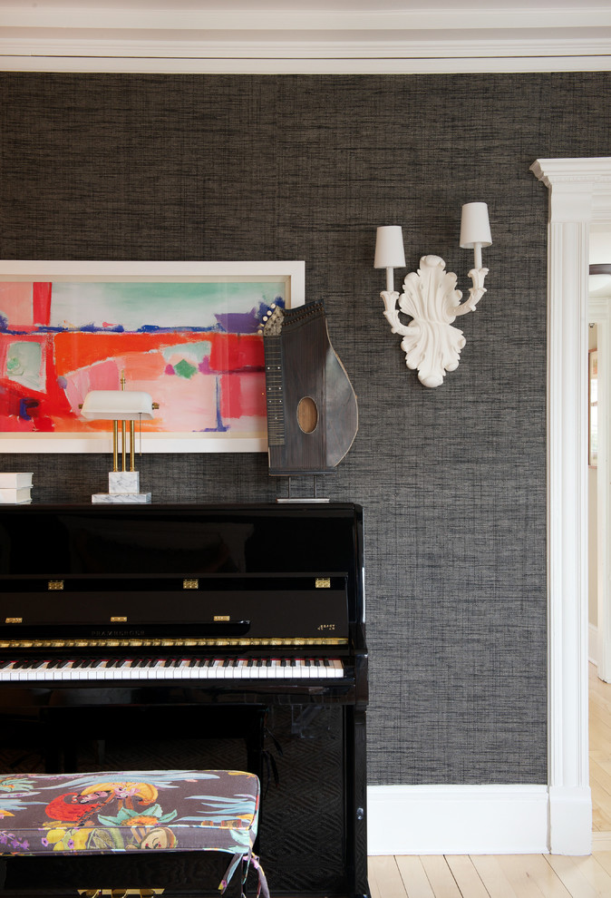 Photo of a transitional living room in New York with a music area.