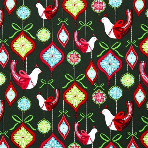 dark green Robert Kaufman Christmas fabric ornaments bird