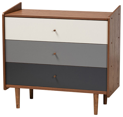 Gambrel Mid-Century Modern Walnut Brown and Gray Gradient Wood 3-Drawer Chest