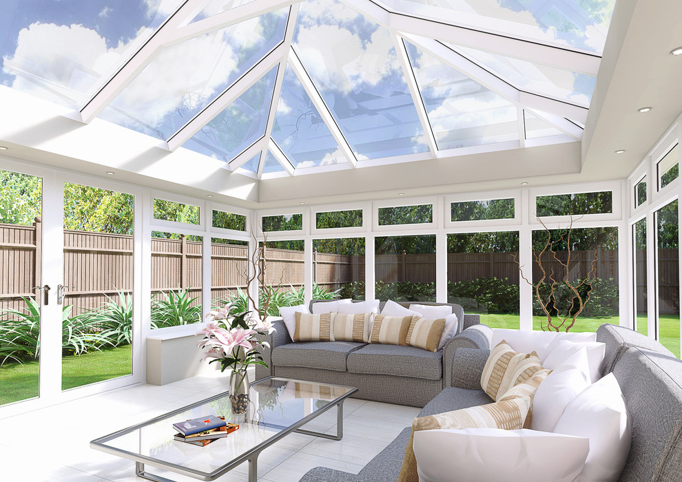 Design ideas for a contemporary sunroom in Other with no fireplace, a glass ceiling and white floor.