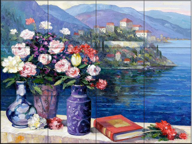 Tile Mural, Mediterranian Scene, 60.8x45.6 cm