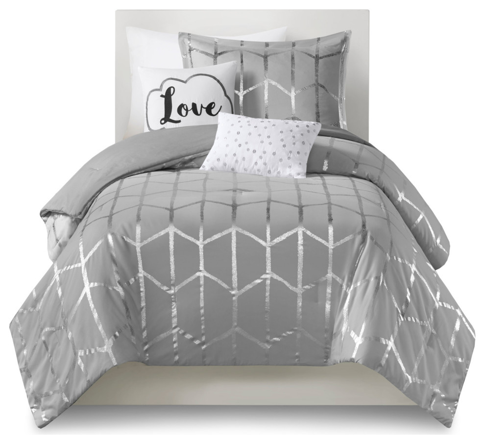 Intelligent Design Raina Metallic Printed Comforter Set, Grey/Silver ...