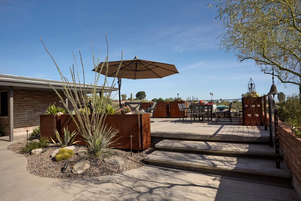 This is an example of a small midcentury rooftop and rooftop deck in Phoenix with a container garden, no cover and metal railing.