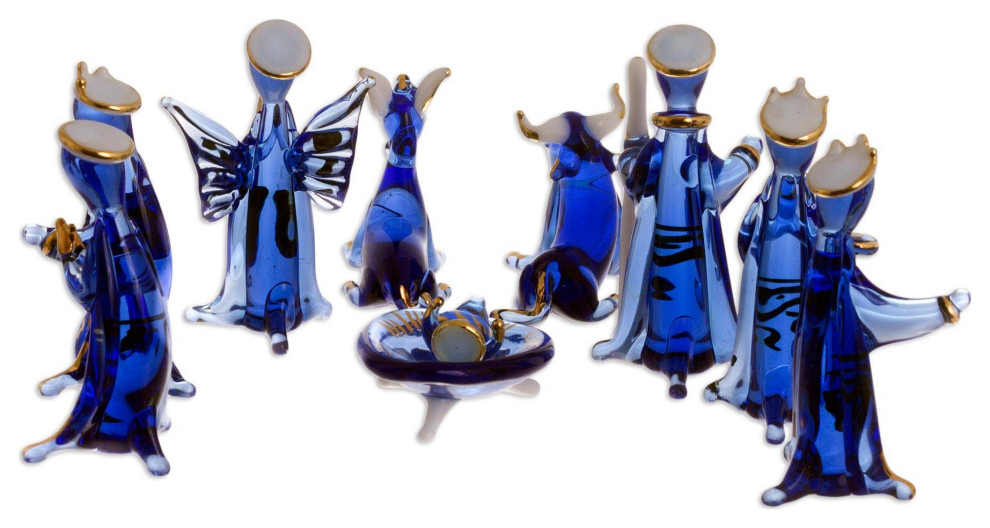 NOVICA Blue Festivity And Glass Nativity Scene  (10 Piece)
