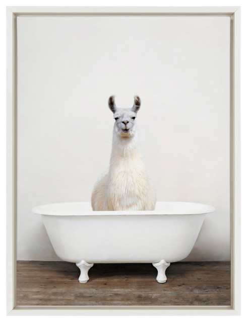 Sylvie Alpaca in the Tub Color Framed Canvas by Amy Peterson, White 18x24