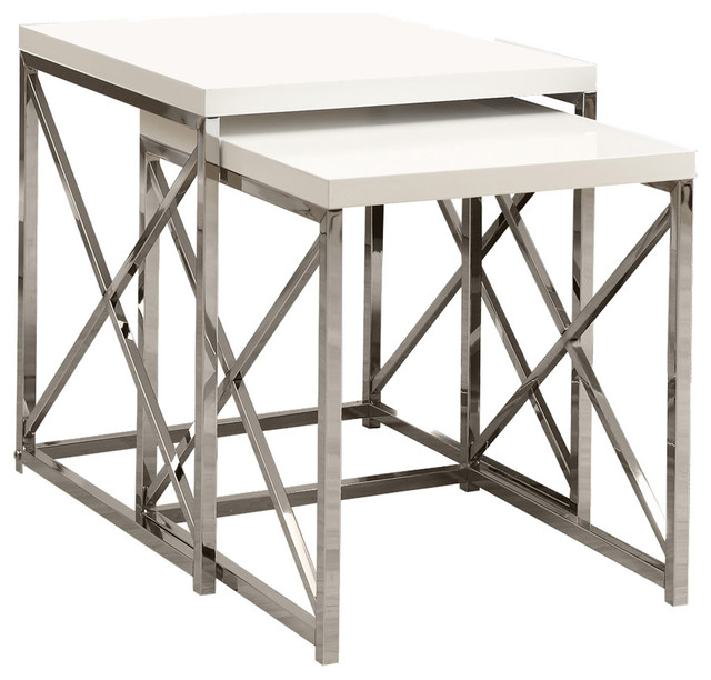 Nesting Table 2Pcs Set, Glossy White, Chrome Metal Contemporary