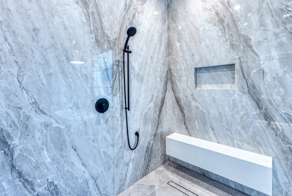 Marble Tiled Walk-In Shower & Black Shower Fixtures | French Country Transitiona