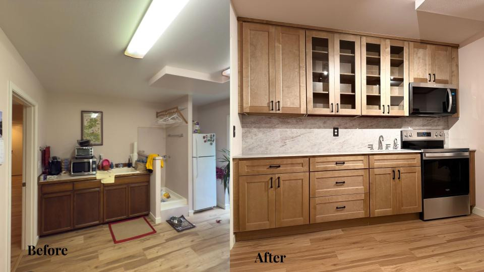Transitional single-wall laminate floor eat-in kitchen photo in Seattle with an undermount sink, shaker cabinets, medium tone wood cabinets, beige backsplash, marble backsplash, stainless steel appliances and beige countertops
