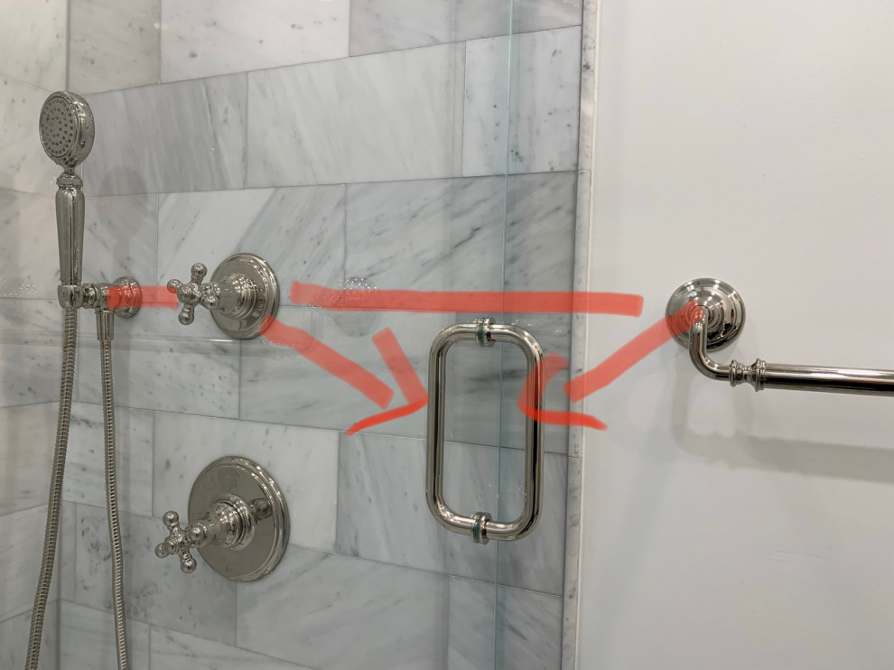 Symmetry glass shower door handle vs other shower fixtures