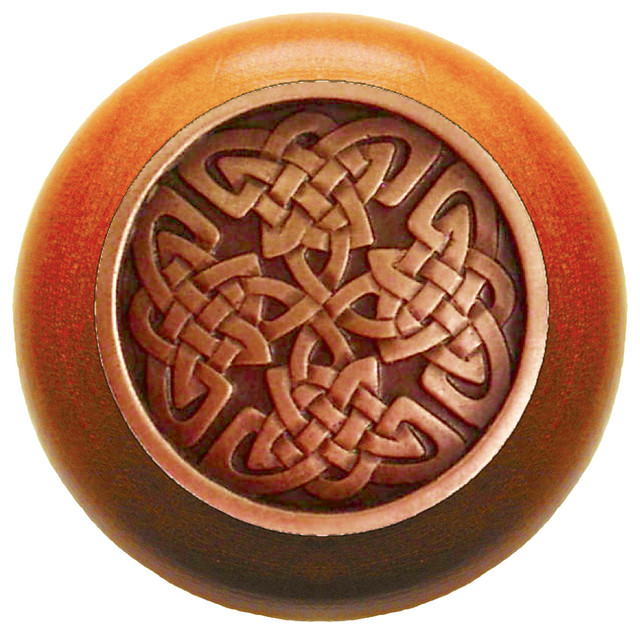 Celtic Isles Wood Knob, Antique Brass, Cherry Wood Finish Traditional