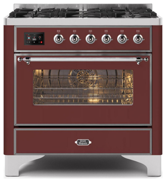 Ilve 36 Inch Freestanding Dual Fuel Range in Burgundy. Contemporary