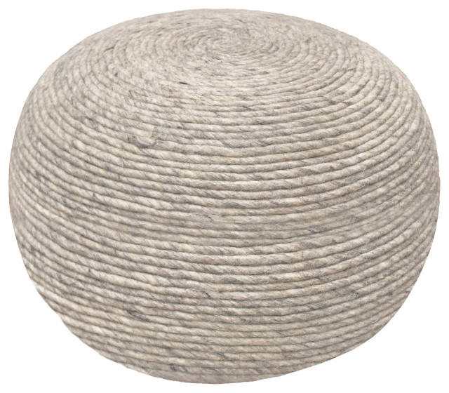 Ellie Round Pouf in Silver Wool With Polyester Filling Transitional