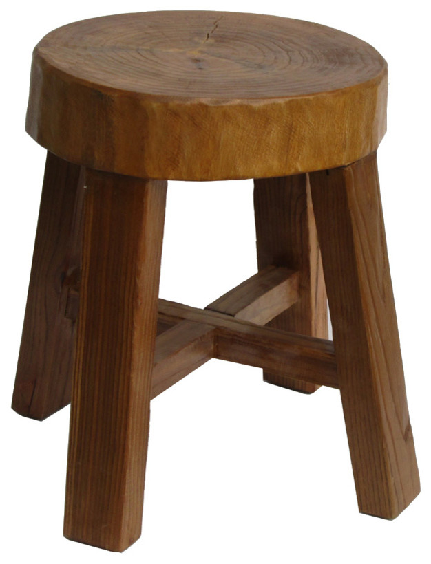 Chinese Rustic Bold Wood Round 4 Legs Stool