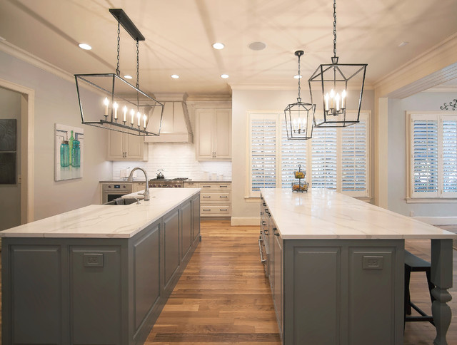 White Transitional Kitchen Featuring Double Islands and Custom Barn Doors klassisch-modern-kueche
