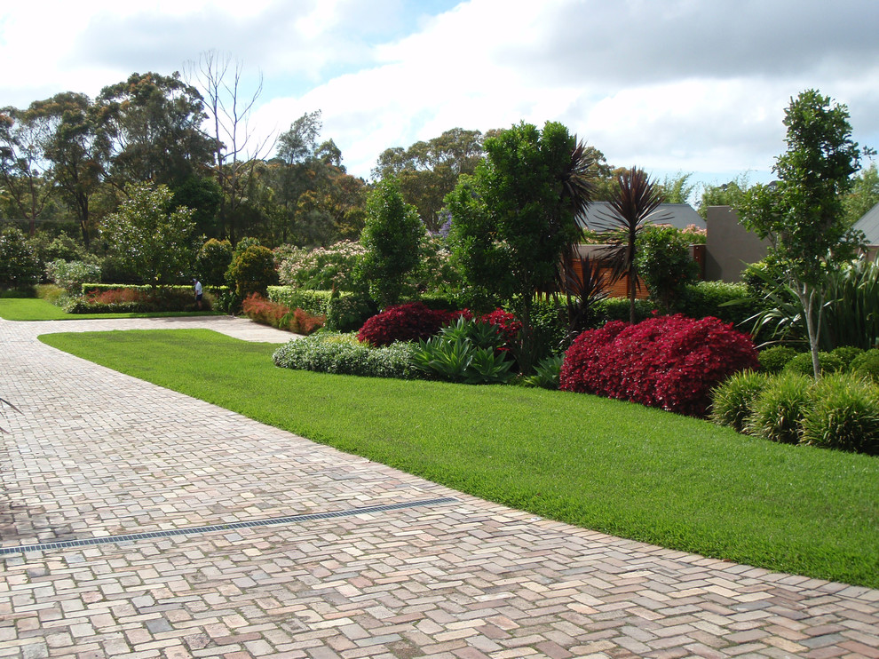 Photo of a tropical front yard partial sun driveway for spring in Sydney with brick pavers.