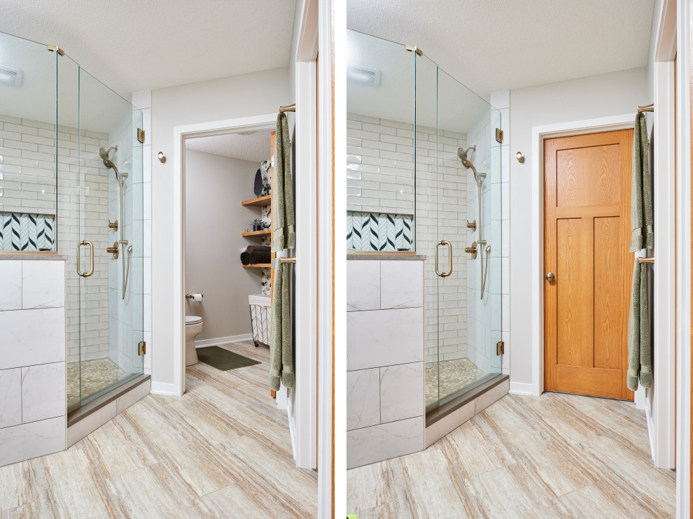 Esempio di una stanza da bagno padronale minimal di medie dimensioni con ante a filo, ante verdi, top in quarzite, top bianco, due lavabi e mobile bagno freestanding