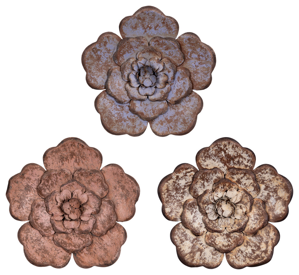 Farmhouse Rustic Metal Flowers Wall Decor, Set of 3 Farmhouse Metal