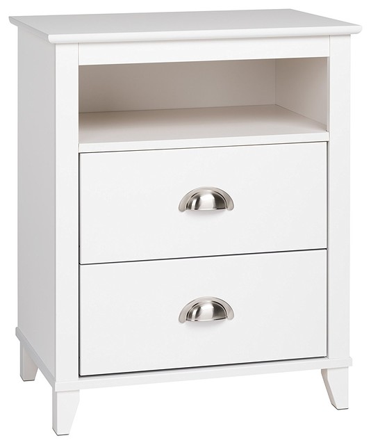 Contemporary Tall Nightstand, Solid Pine Wood, 2Drawer, White Finish