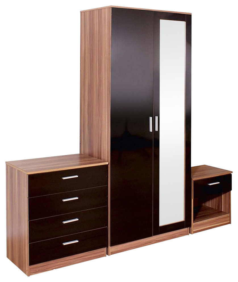 High Gloss Bedroom Furniture Set Mirrored Door Wardrobe, Chest, Bedside
