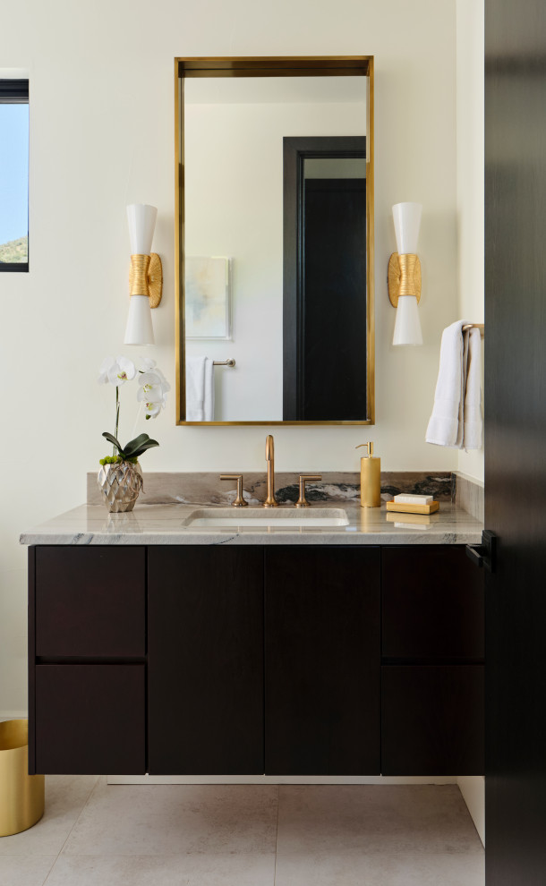 Inspiration for a mid-sized contemporary 3/4 bathroom in Denver with flat-panel cabinets, dark wood cabinets, an open shower, a bidet, gray tile, stone tile, white walls, limestone floors, an undermount sink, quartzite benchtops, grey floor, a hinged shower door, grey benchtops, a single vanity and a floating vanity.