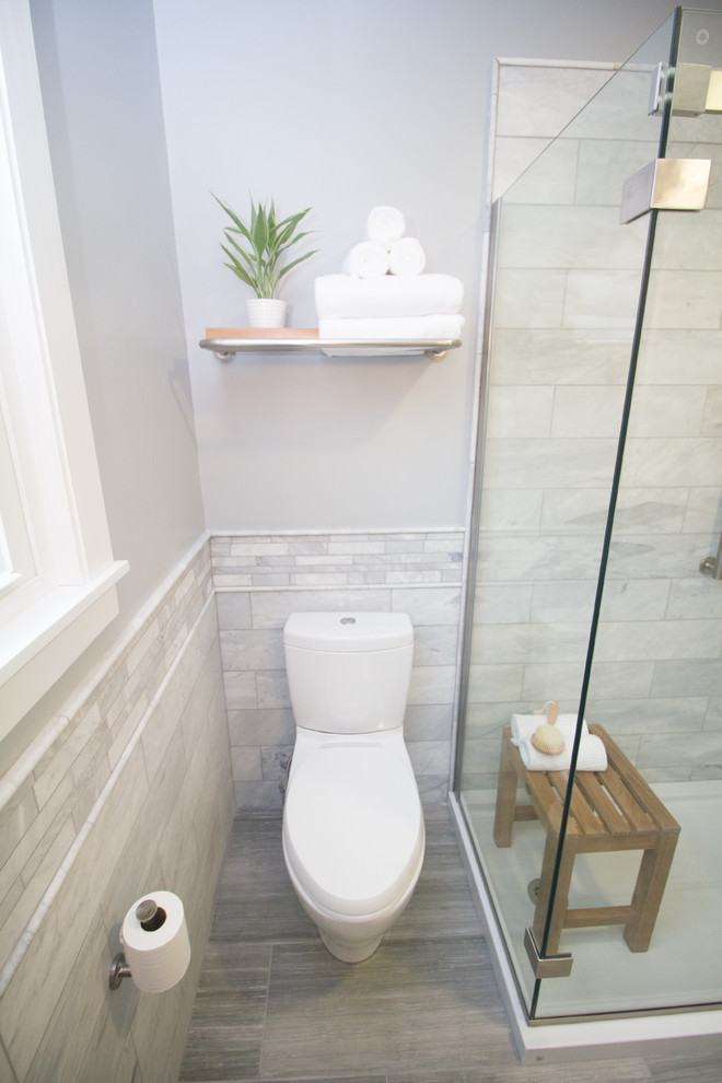 Inspiration for a small transitional master bathroom in Boston with shaker cabinets, grey cabinets, an open shower, a two-piece toilet, gray tile, mosaic tile, grey walls, ceramic floors, an undermount sink and engineered quartz benchtops.