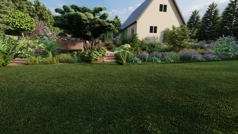 Idee per un grande giardino country esposto a mezz'ombra in estate con un pendio, una collina o una riva e pedane