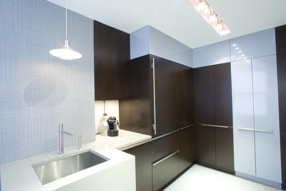 Design ideas for a modern kitchen in New York with a single-bowl sink, flat-panel cabinets and dark wood cabinets.