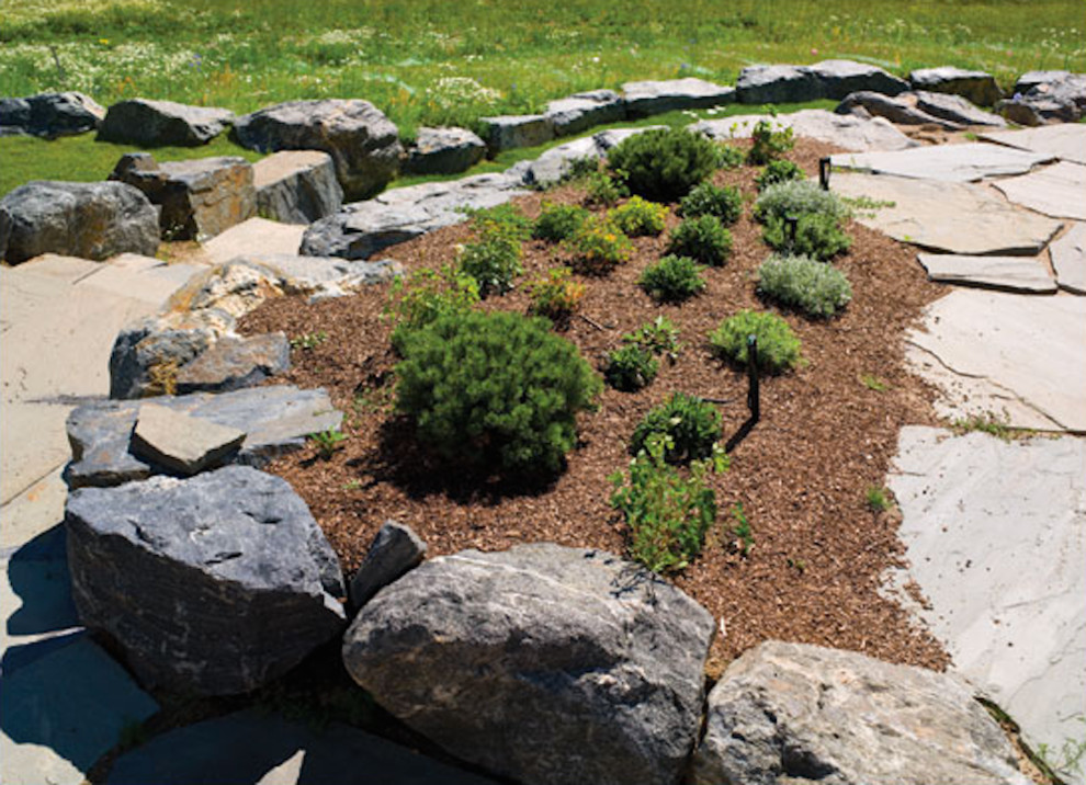 Inspiration for a mid-sized rustic full sun backyard stone landscaping in Denver for summer.
