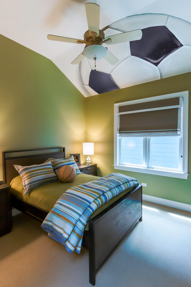 Mid-sized and bedroom transitional master and boy carpeted and beige floor kids' bedroom photo in Chicago with green walls