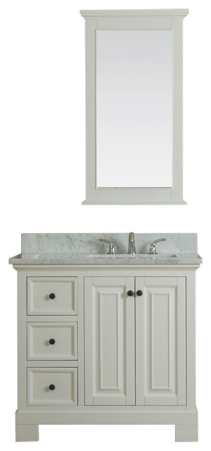 36 in Single Bathroom Vanity in White with Carrera Marble Top and No ...
