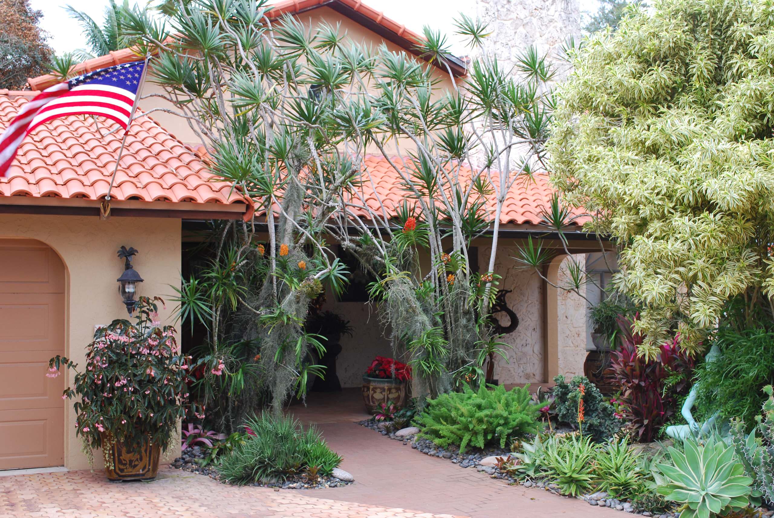 Facade flanked by orchids