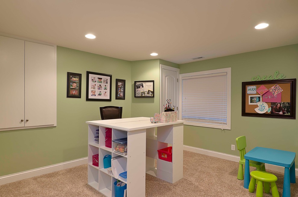 Design ideas for a mid-sized traditional gender-neutral kids' playroom for kids 4-10 years old in Chicago with beige walls and carpet.