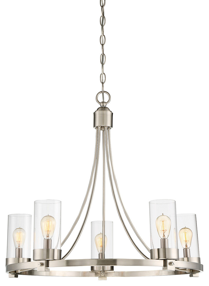 5 Light Chandelier Transitional, Alexa Collection 5 Light Brushed Nickel Chandelier With White Fabric Shades