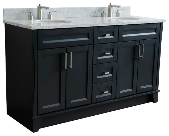 61" Double Sink Vanity, Dark Gray Finish And White Carrara Marble