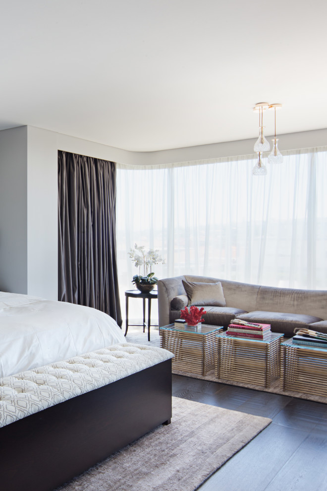 Inspiration for a large contemporary master bedroom in Sydney with white walls, dark hardwood floors and black floor.