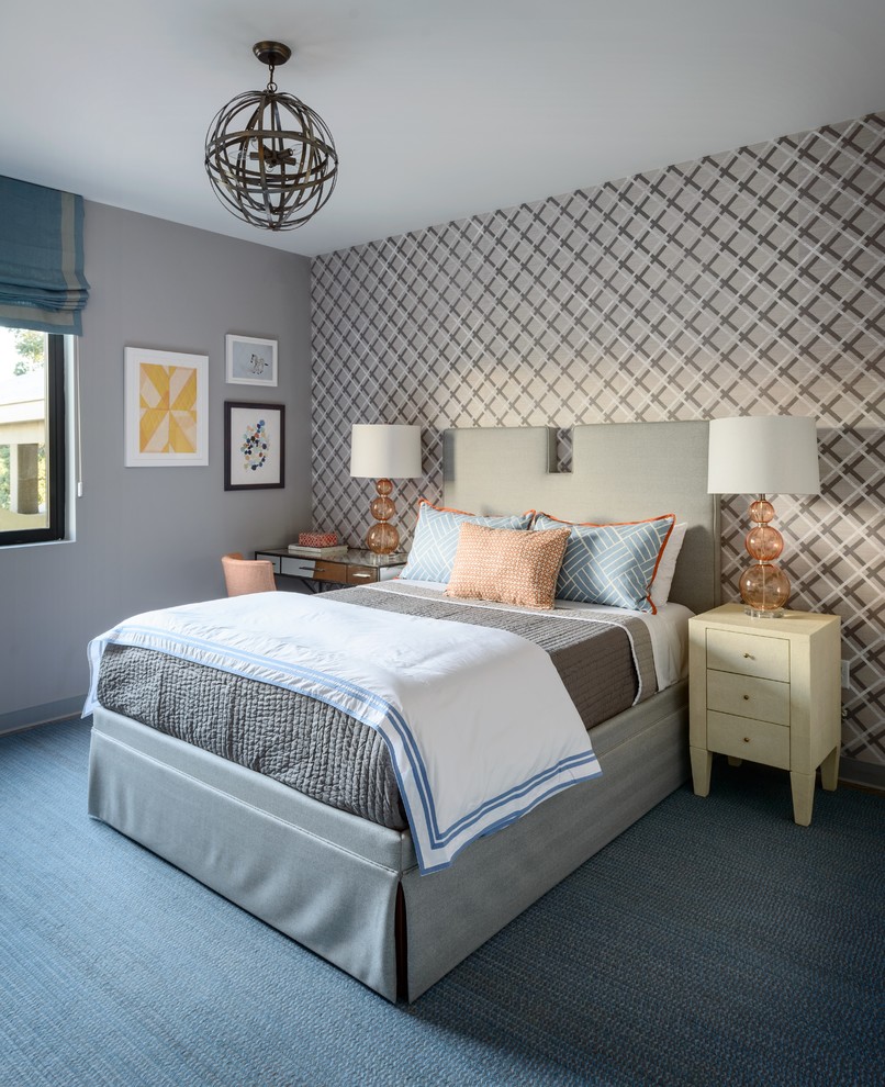 Large contemporary guest bedroom in San Francisco with grey walls, carpet, no fireplace and blue floor.