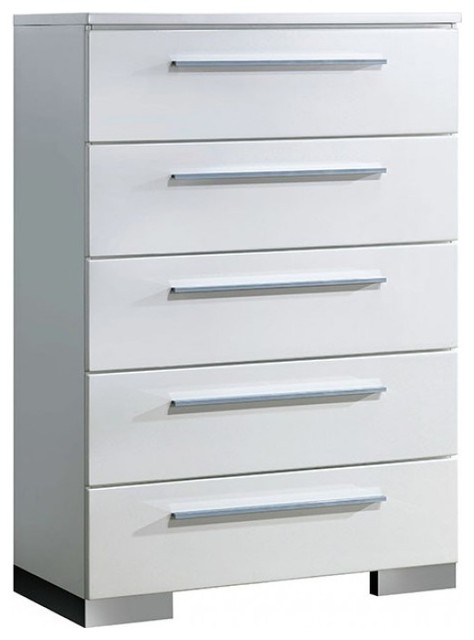 5 Drawer Wooden Chest With Large Metal Bar Handles, White And Silver