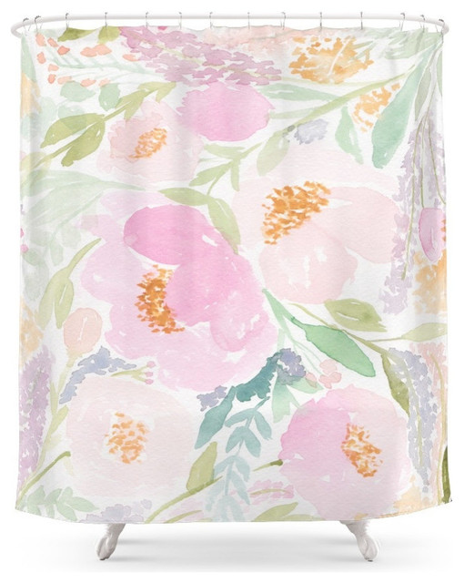 Peach Garden Floral Watercolor Shower Curtain Contemporary