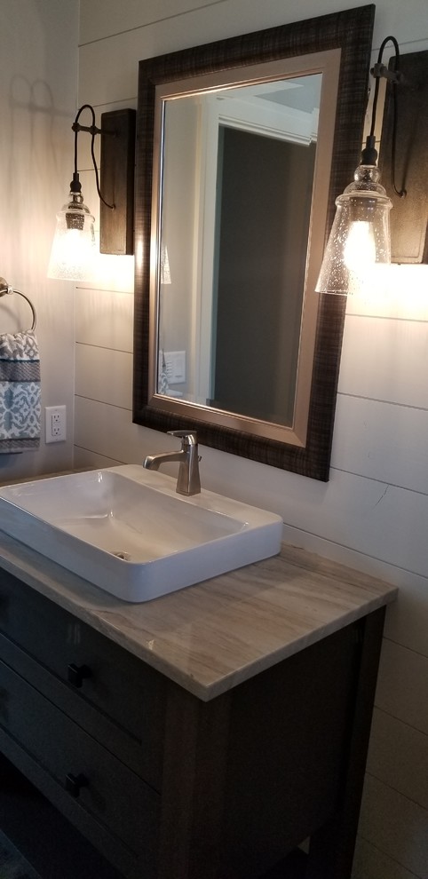 Design ideas for a large transitional powder room in Milwaukee with a one-piece toilet, grey walls, mosaic tile floors, quartzite benchtops and multi-coloured floor.