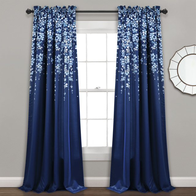 Weeping Flower Room Darkening Window Curtain Panels Navy 52x95+2 Set 