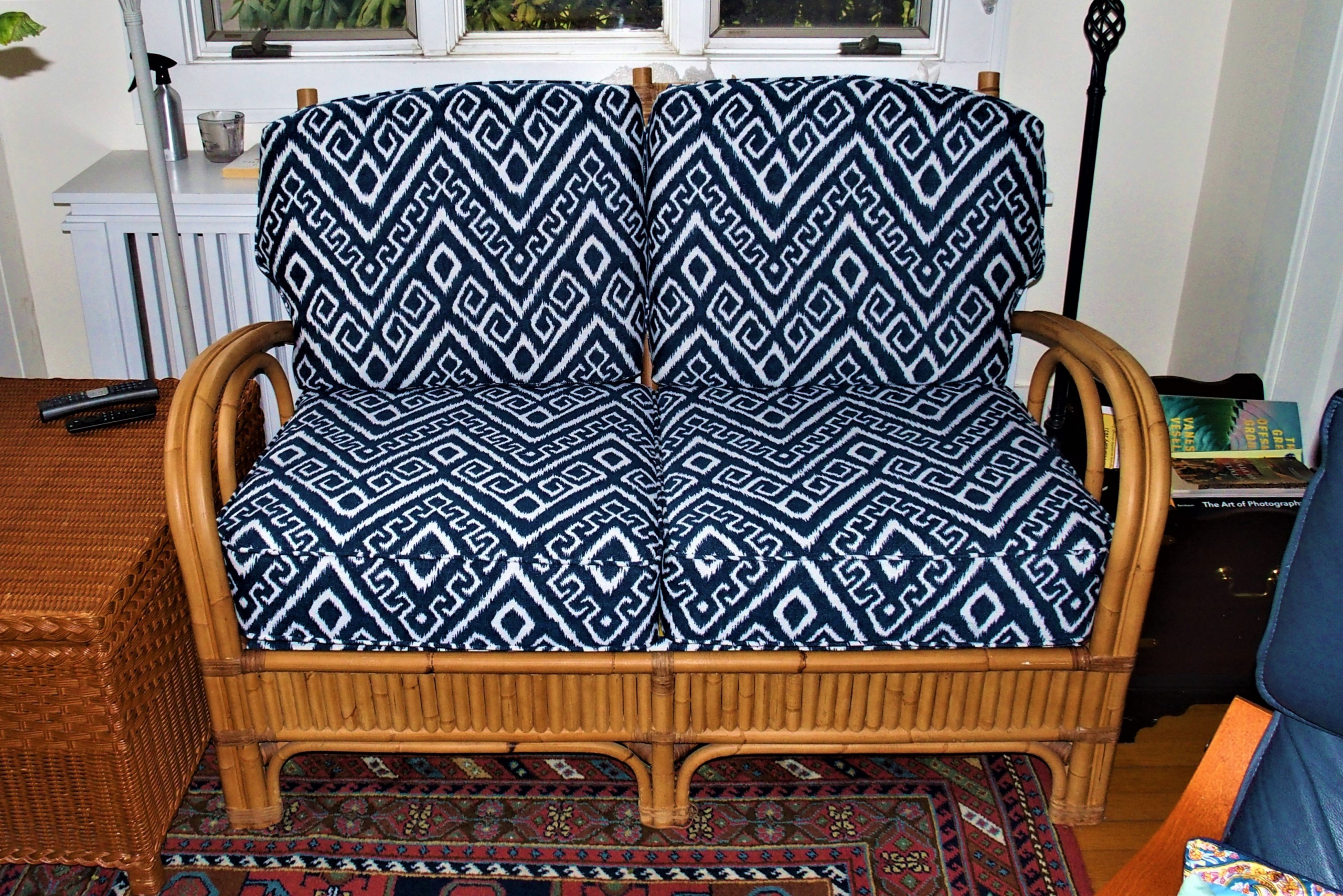 Reupholstered bamboo love seat