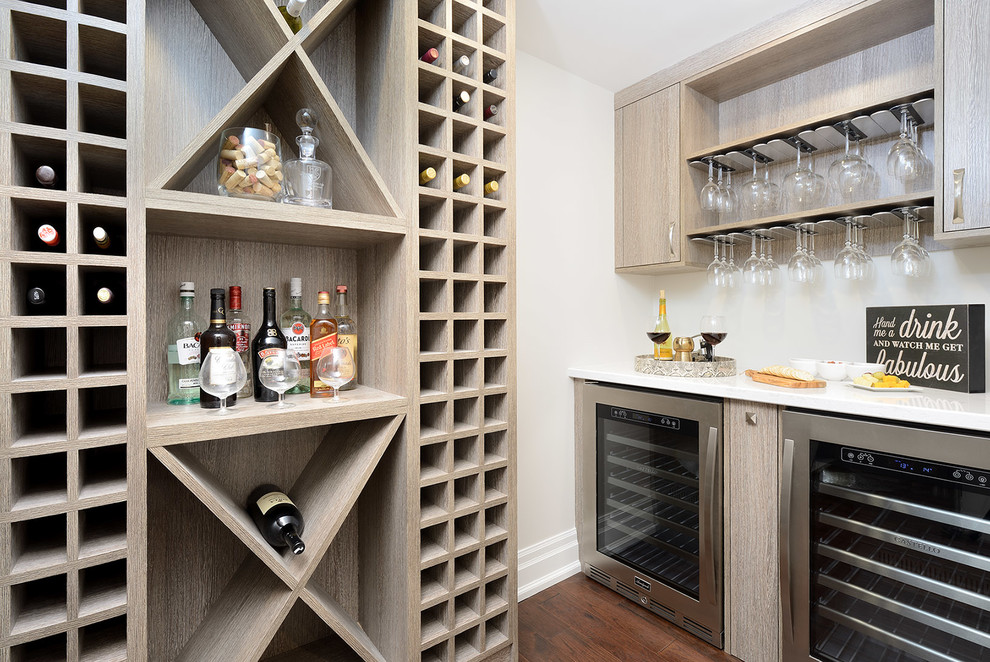 Mid-sized transitional wine cellar in Toronto with dark hardwood floors.