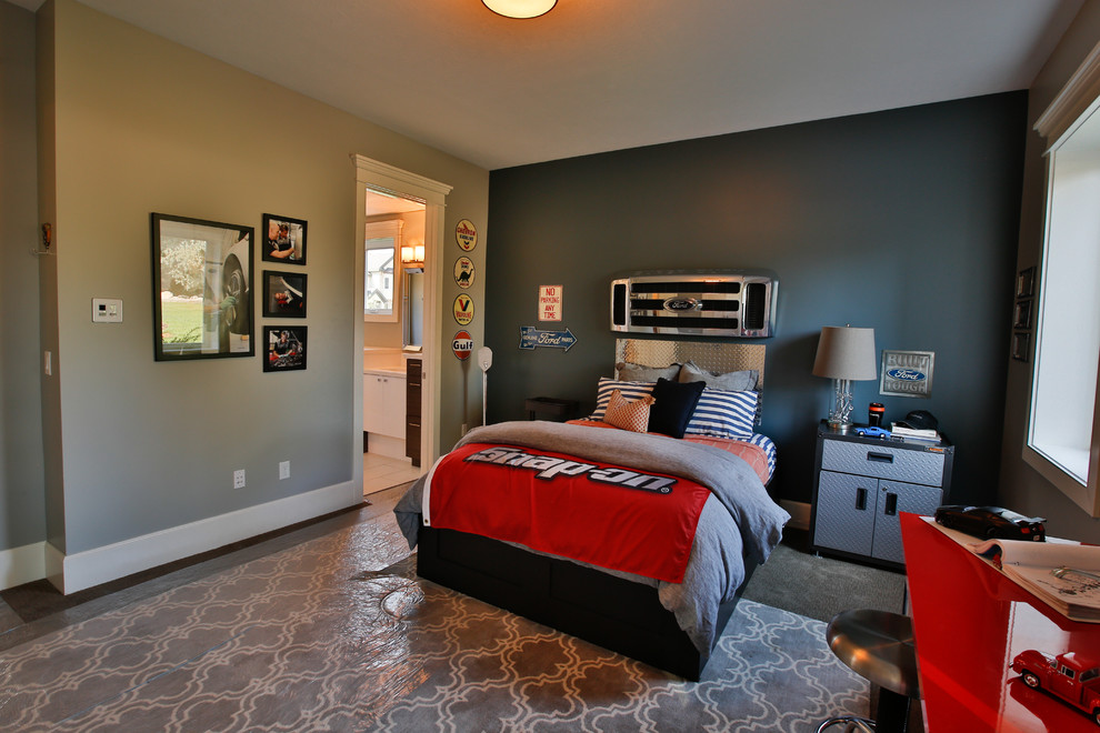 Large transitional kids' room in Salt Lake City with grey walls and carpet for boys.