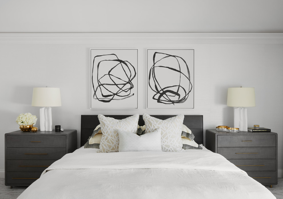 Design ideas for a contemporary master bedroom in Chicago with white walls, carpet and grey floor.
