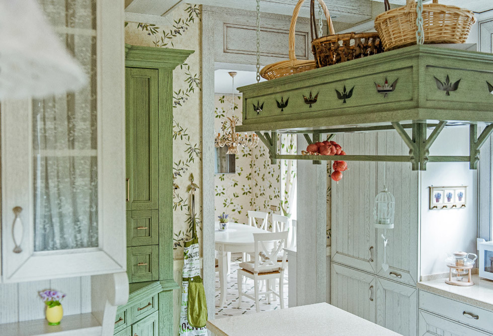 Country kitchen in Saint Petersburg with white cabinets, solid surface benchtops, porcelain floors and with island.