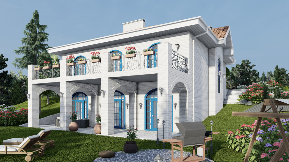 Дом в средиземноморском стиле на участке с уклоном.