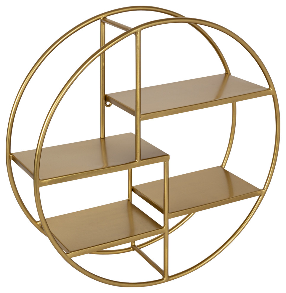 Saphira Round Wood Wall Shelf, Gold 20x20x6 Contemporary Display