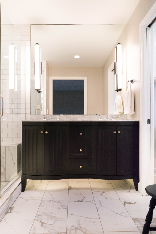 Design ideas for a country master bathroom in Other with dark wood cabinets, white tile, subway tile, marble floors, an undermount sink, marble benchtops, white floor, a hinged shower door and yellow benchtops.