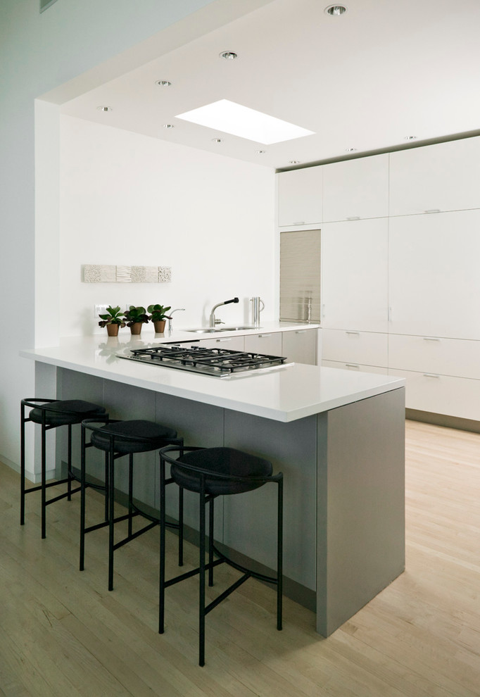This is an example of a scandinavian l-shaped kitchen in Denver with a double-bowl sink, flat-panel cabinets, white cabinets and light hardwood floors.