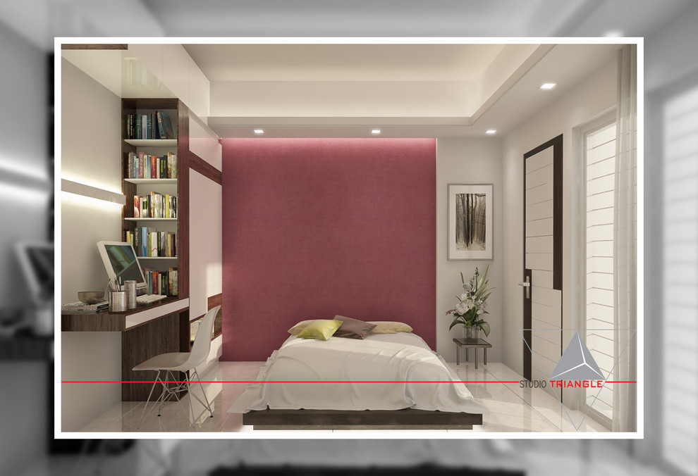 Inspiration for a mid-sized modern guest ceramic tile and white floor bedroom remodel with multicolored walls